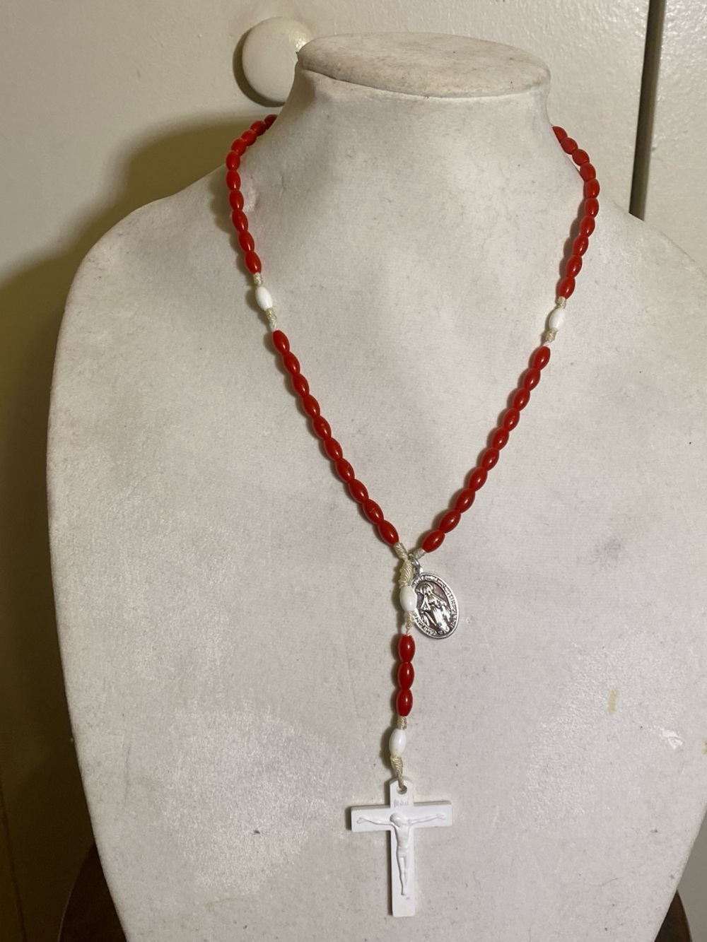 Red and White Rosary-Style Cross Necklace